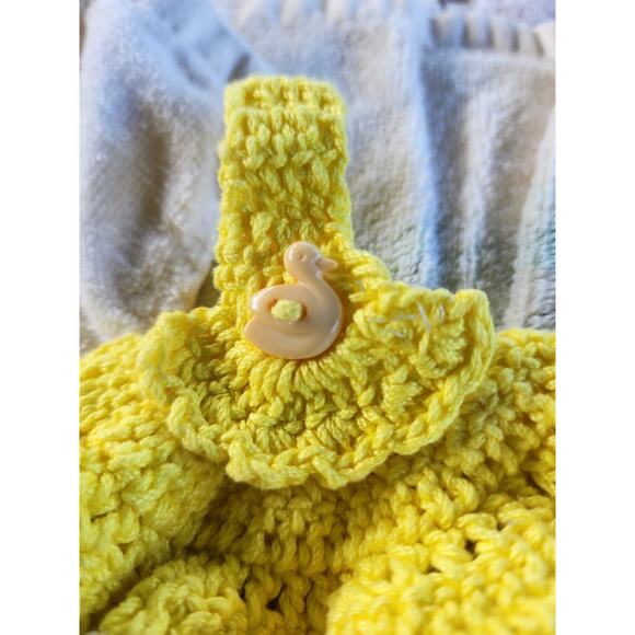 2 Vtg Mushroom Kitchen dish towels Crochet Hanging Hand Towel Yellow Kitsch - Picture 8 of 11